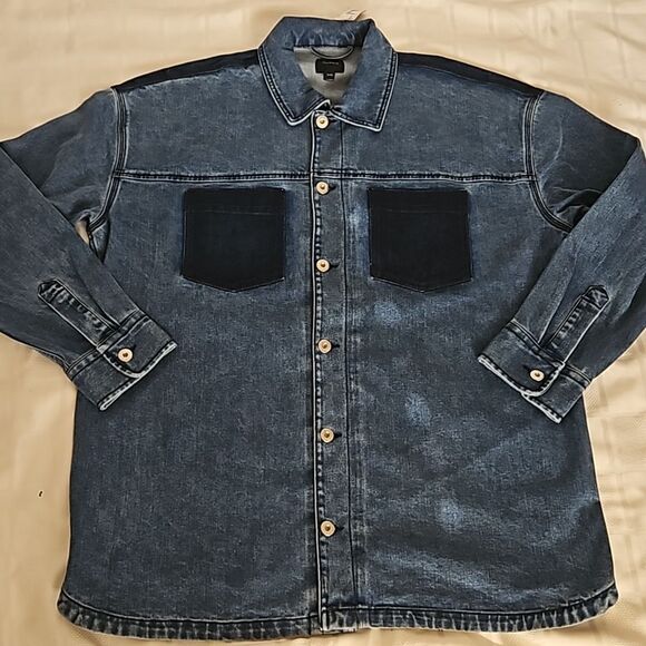 RW&CO. Men's Denim Button-Down Oversized Jean Shirt XL Dark Blue Washed - Picture 15 of 16